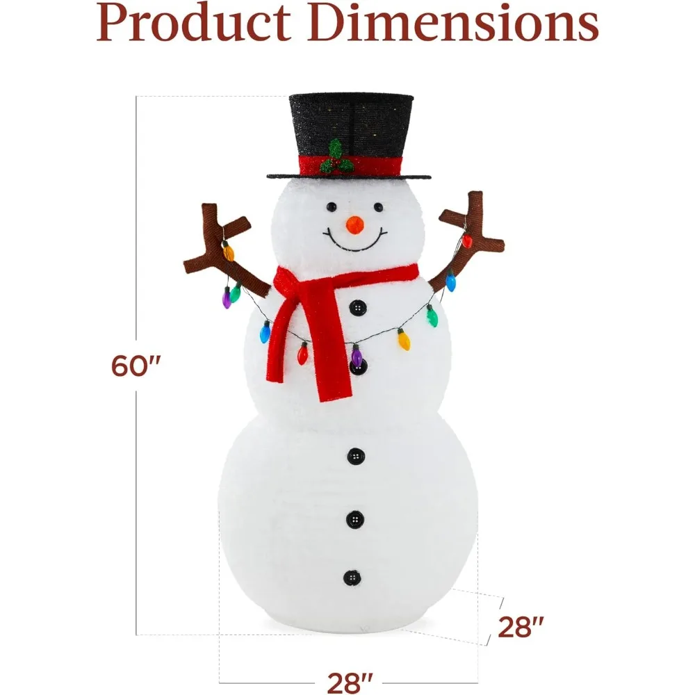 5ft Lighted Pop-Up Snowman, Large White Outdoor Christmas Holiday Decoration w/ 200 LED  Lights, Hat, Scarf, Multicolored Lights