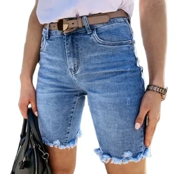 2024 Summer New Vintage Middle Waist Fashion Casual Denim Shorts Push Up Slim Biker Shorts Women Streetwear Ripped Short Jeans