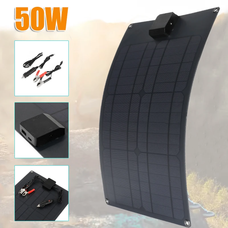 50W Portable Solar Panel 18V USB and Type C Dual Port Fast Charging Solar Cell Board Car Charger for Phone Mobile Power Supplies