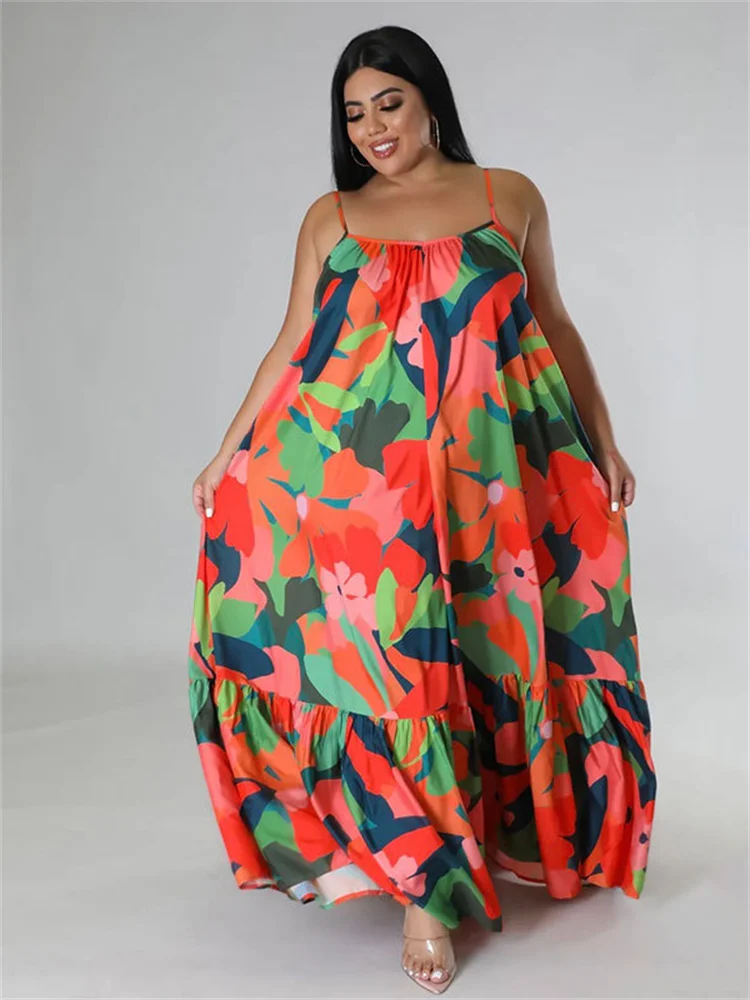 Wmstar Plus Size Dresses for Women Flowers Print Sexy Slip Big Hem Draped Maxi Dress Sweet Style Wholesale Dropshipping Xl- 5xl