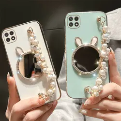 Rabbit Makeup Mirror Electroplated Pearl Wristband Phone Case For Samsung Galaxy Wide 5 A22 F42 5G A22s Wied5 Silicone Cover