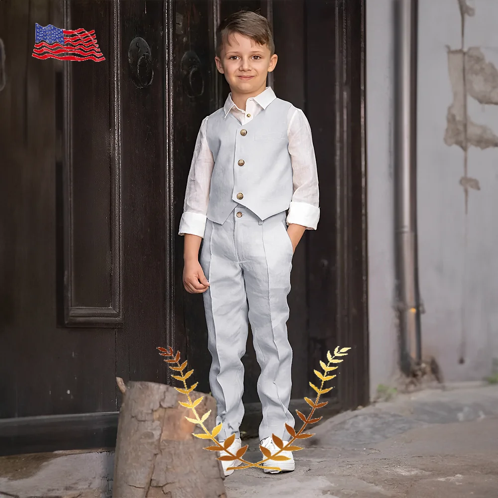 Khaki Linen Boys Suit 2 Piece Vest Pants 2-16 Years Old Wedding Kids Tuxedo Casual Party Clothes Fashion Outfit