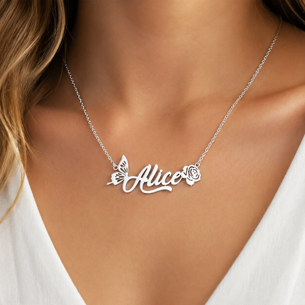 Personalized Name Butterfly Necklace Customized Nameplate Rose Pendant Stainless Steel Jewelry Gifr For Women Mother's Day Gift