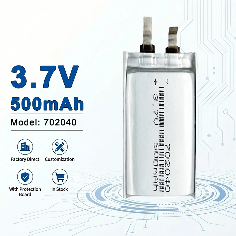 702040 3.7V 500mAh Rechargeable Lithium Polymer Battery for Small Smart Wearable Devices 702530 701525 702535 751524 801350