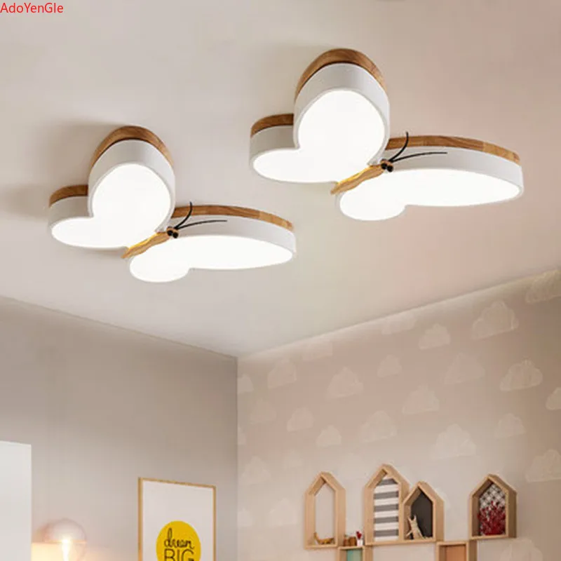 Imagem -02 - Modern Wood Butterfly Led Ceiling Light Lustre Led Luzes do Quarto Meninos e Meninas Bebê Crianças Bonito