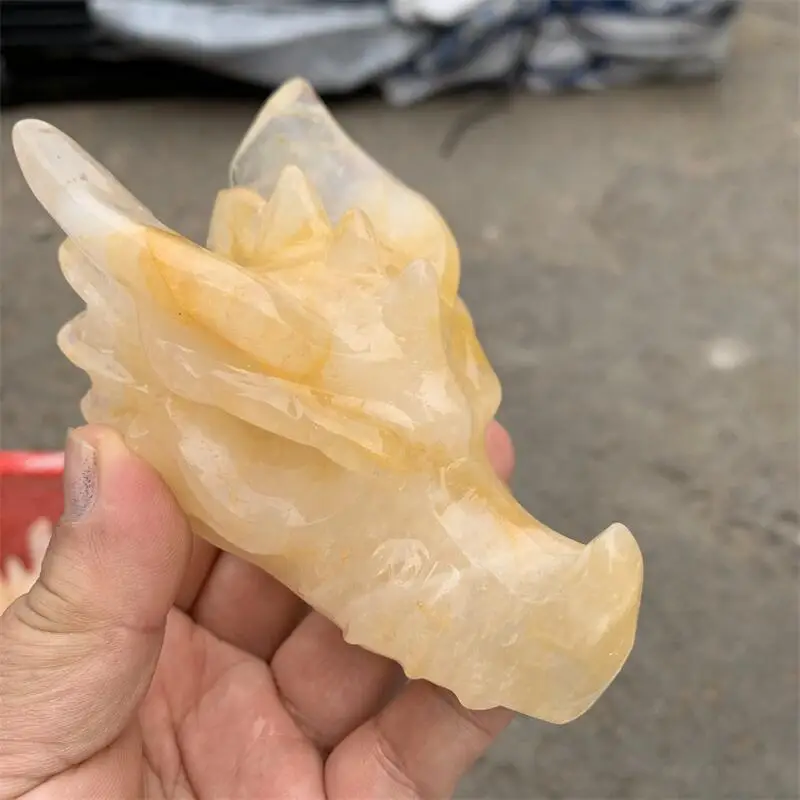 Natural Yellow Fire Quartz Hematoid Dragon Skull Head Polished Animal Powerful Statue For Home Decoration Gift 1pcs