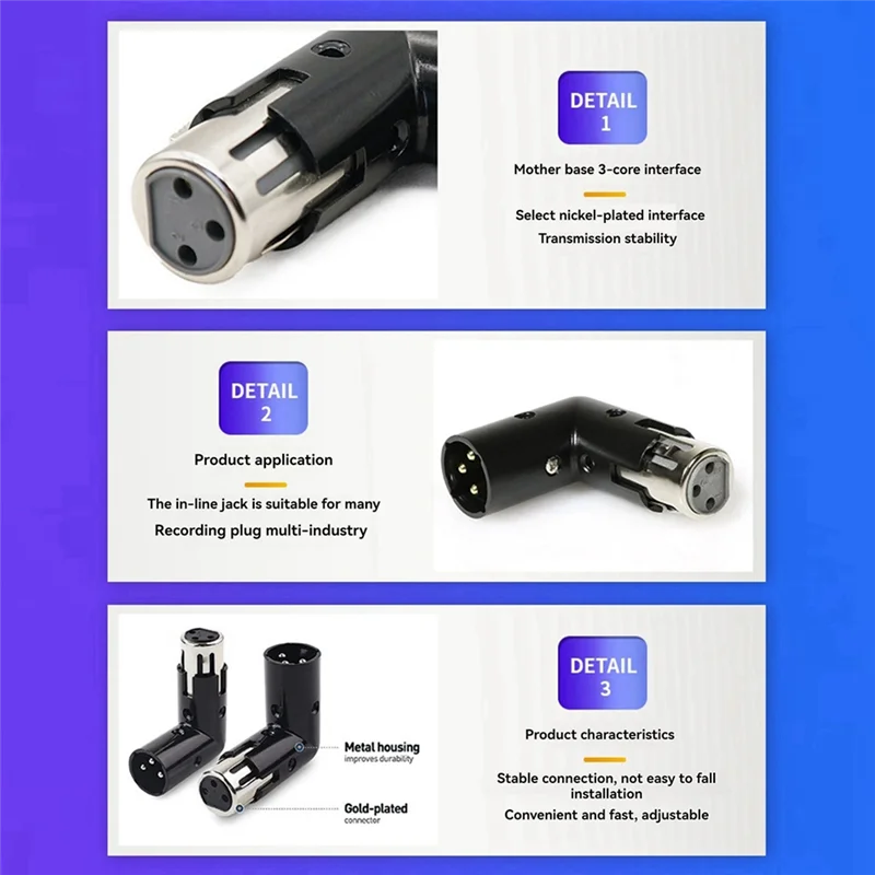 AB43-2Pcs 3Pin XLR Winkel Adapter Einstellbare Stecker Auf Buchse XLR 90 Grad Adapter 3-Pin Vernickelung Stecker für Audio