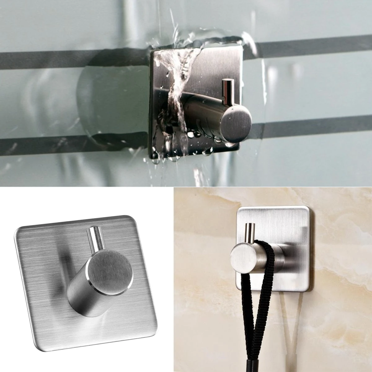 

4Pcs StainlessSteelHooks SelfAdhesive HeavyDuty NoDrill Silver LongLasting AntiRust TissueHolder BathroomAccessory
