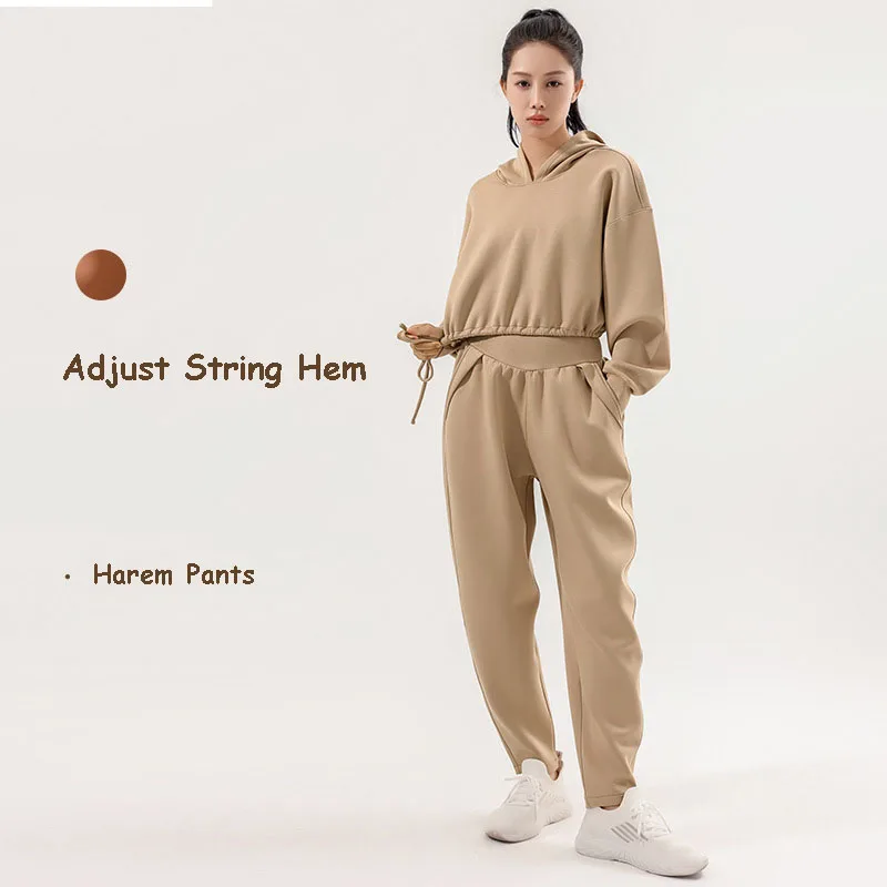 

Women Solid Hooded Tracksuits Loose Pullover Long Sleeve Warm Short Hoodies+Elastic Waist Harem Pants Two Pieces Female Suits