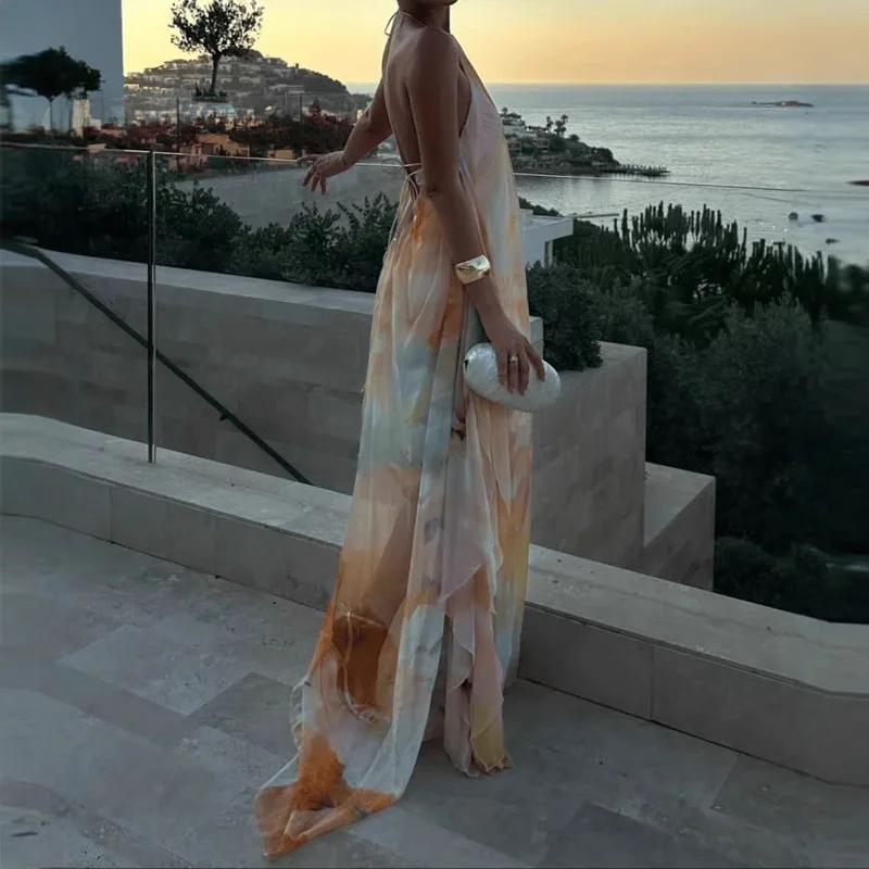 Sexy Sleeveless Backless Lace-Up Long Dress Women Elegant Halter Hollow Holiday Dress Fashion Pattern Print Loose Party Dresses