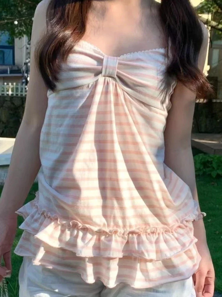 Y2k V-neck Bow Short Sleeve T-shirts Retro Women Sweet High Waist Tees Vintage Kawaii Sweet Bow Tops 2025 Fashion Summer New
