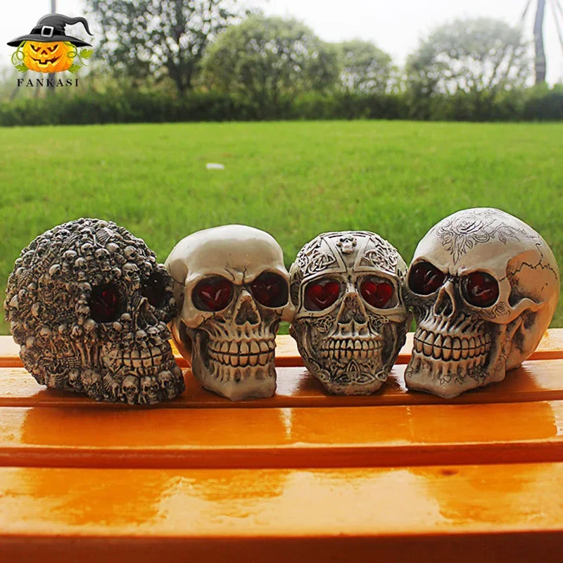 Halloween decoration with lights, skull head, resin multi head, novel and glowing haunted house, secret room, prank and frighten