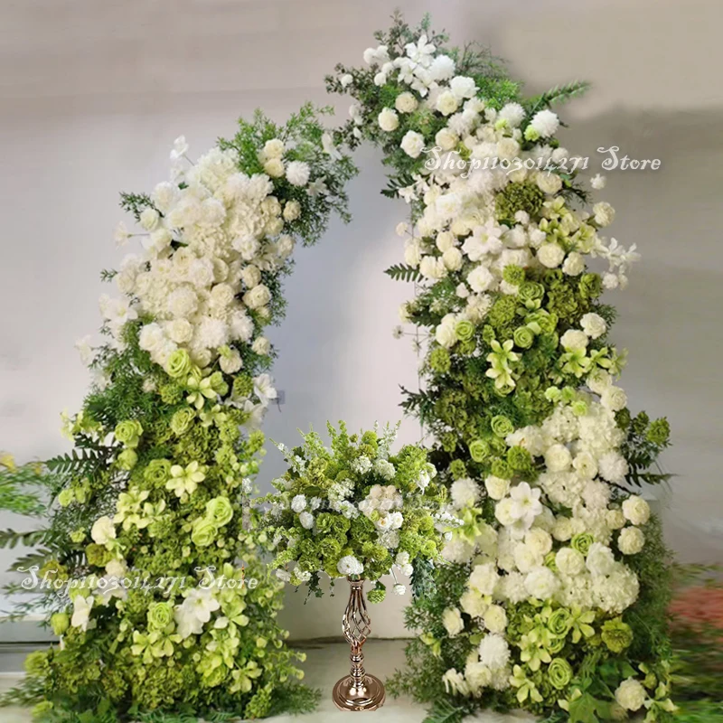 الفاخرة أوراق خضراء بيضاء روز الكوبية الزفاف خلفية الجدول المركزية الكرة الأزهار صف ترتيب القرن قوس حامل ديكور #1