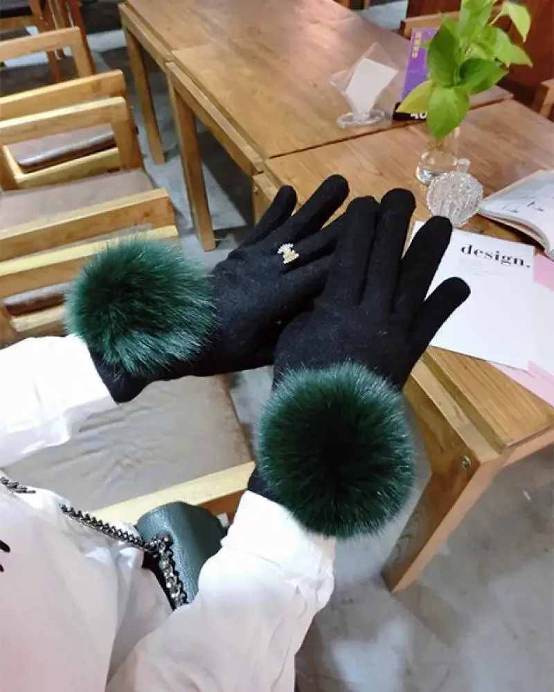 

Fox Fur Ball Autumn and Winter Cashmere Gloves Keep Warm Simple Temperament Rhinestone Points Finger Touch Screen Gloves Women