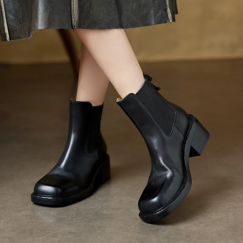 

Genuine Leather Shoes Woman Thick Heeled Round Toe Short Boots Spring Autumn Winter Botas Woman Cowhide Ankle Boots Elastic Band