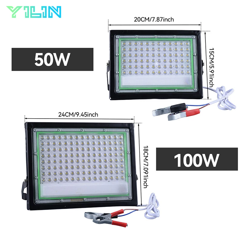 Portable DC12V LED Floodlight Electric Clip Charger 50W 100W LED Outdoor Spotlight Emergency Lamp For Camping Hiking Working