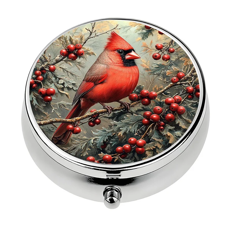 1 travel storage box, red bird and berry design - compact 3-compartment pill organizer, portable pill case for men and women, suitable for purses and wallets, travel accessory for bird lovers, artistic theme, secure closure, tablet stand