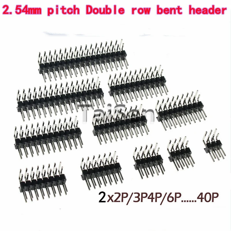 50PCS 20PCS Double row bent pin, 90° bent header, 2*3/4/5/6/8/10/40P, 2.54mm pitch Double Row Right Angle Header