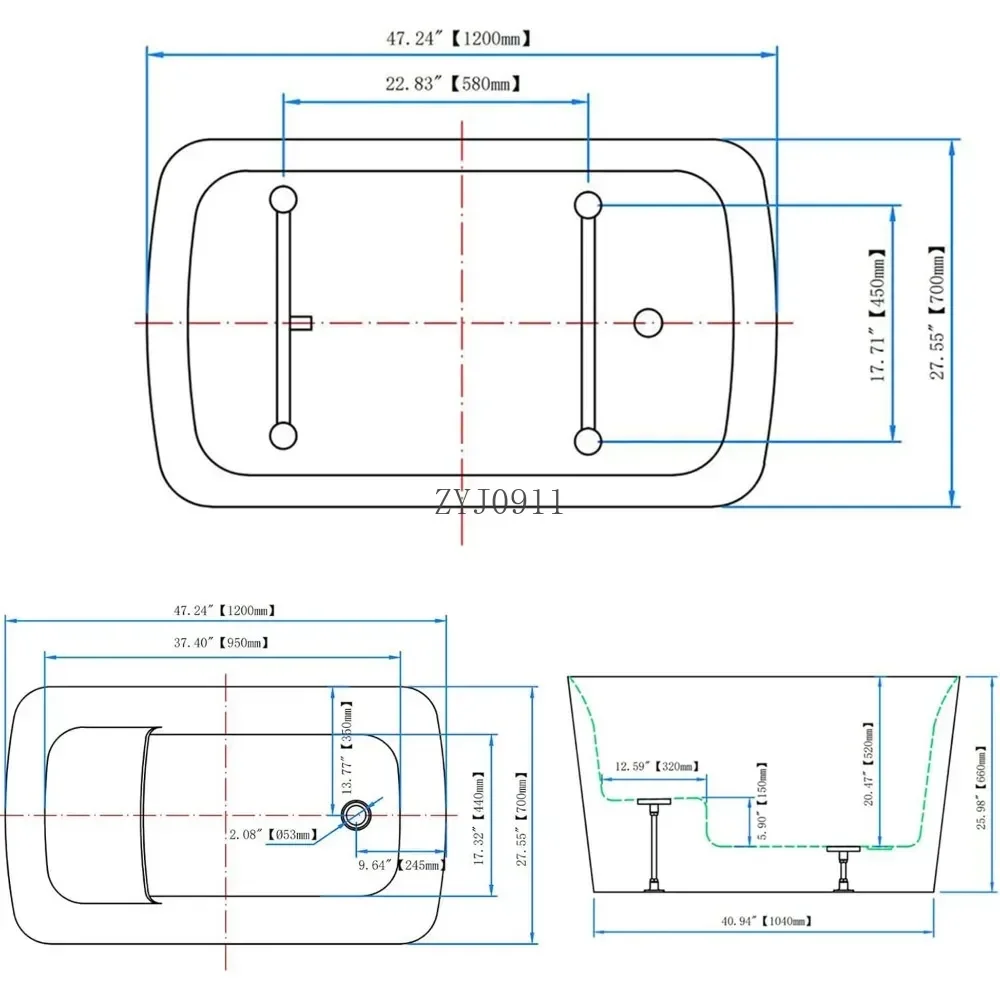 Luxurious 47 Inch Lucite Acrylic Freestanding Bathtub Square Japanese Design Soaking Comfort Seat Chrome Drain Slotted Overflow