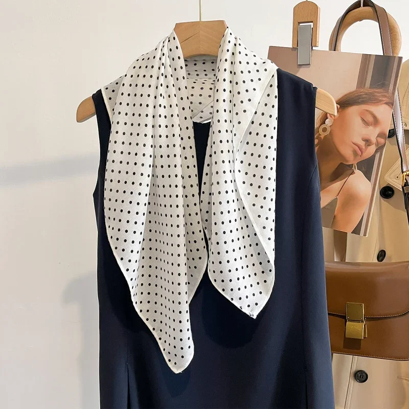 

New Hot Sale White Polka Dot Silk Scarf Women's Square Scarf Advanced Elegant Soft Neck Protector Light Thin Scarf Student Scarf
