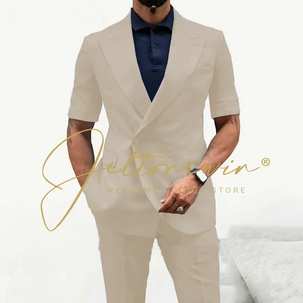 

Casual Men's Suits Double Breasted Short Sleeve Male Clothing Wedding Prom Groom Formal Summer Beach Jacket Pants 2 Piece