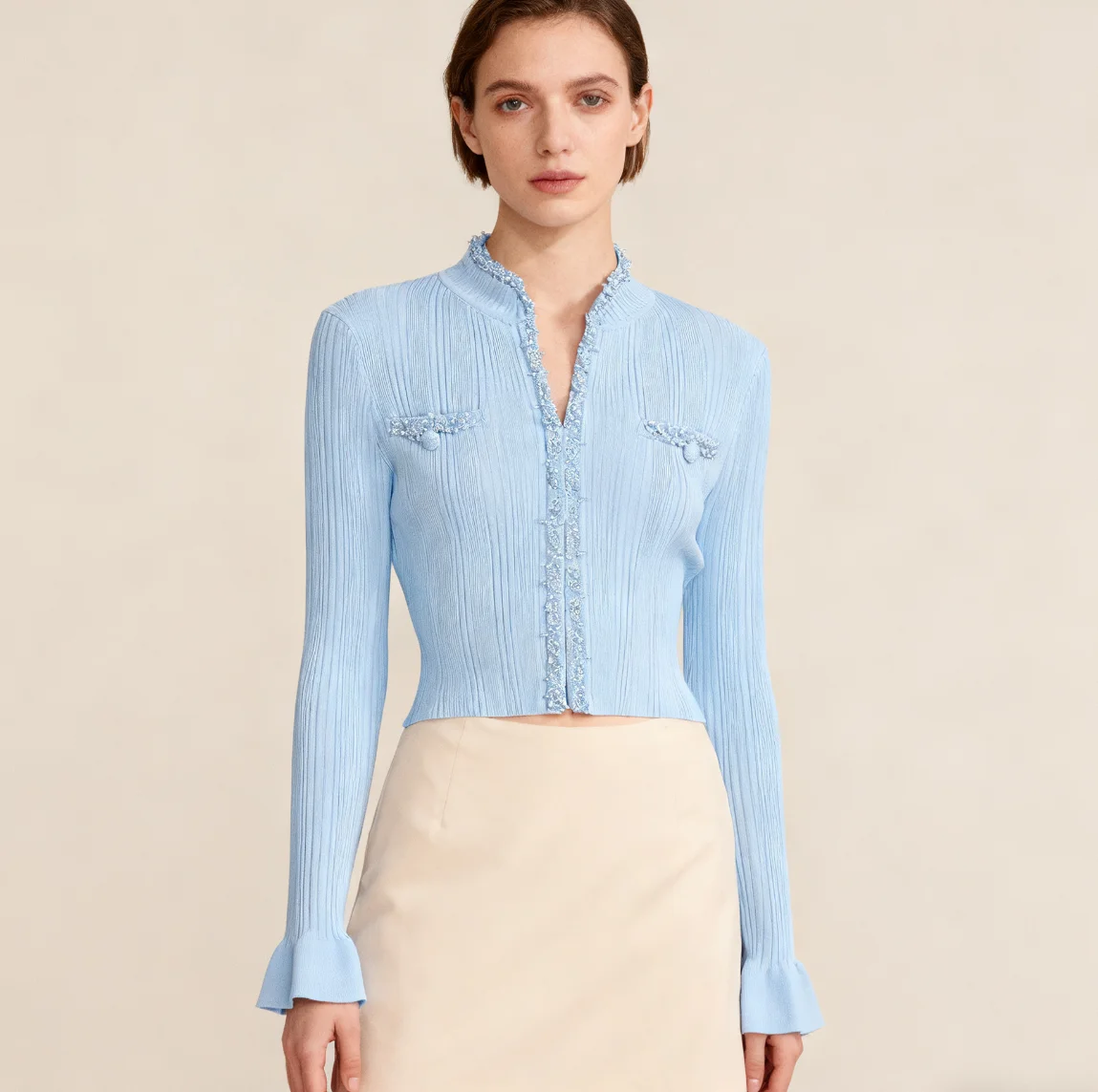 

High Quality Spring And Autumn New Style Socialite Fashionable Commuting Handmade Bead Long Sleeved Knitted Women's Top Jacket