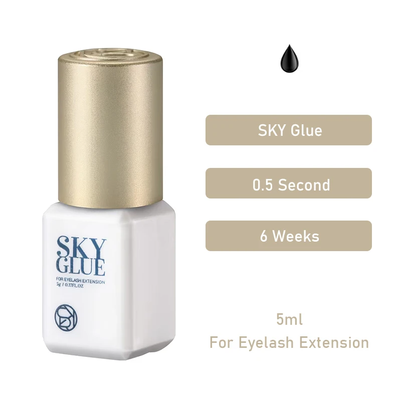 1 botella de pegamento Sky S Plus RA01, adhesivo para extensiones de pestañas postizas, 5ml, tapa roja dorada, negro, secado rápido, herramientas de