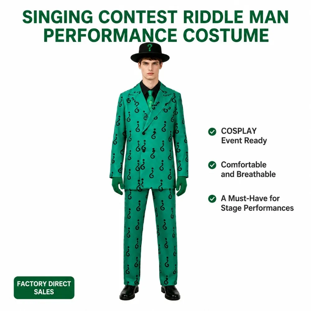Gotham Villain Green Suit Set, Question Mark Print Blazer & Trousers for Men Halloween Costume view 2