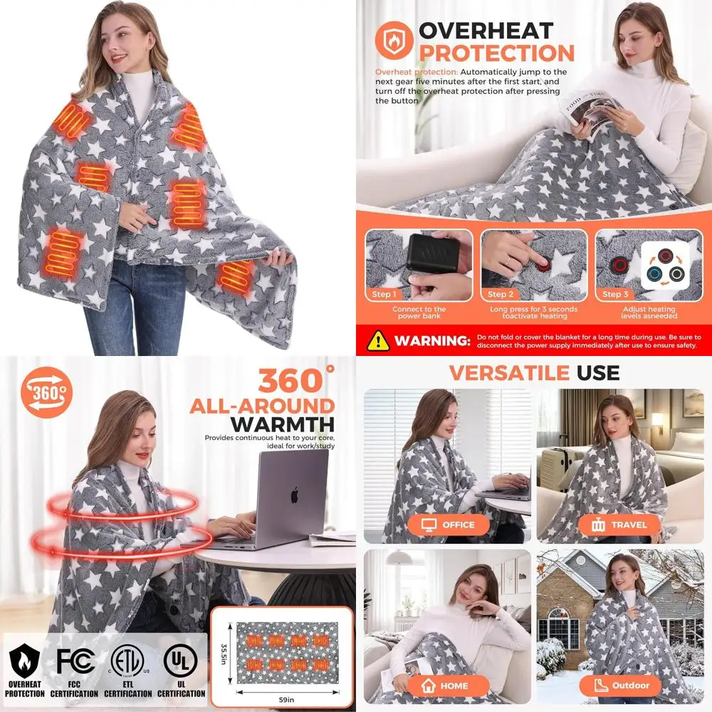 

Портативное беспроводное одеяло с подогревом, аккумулятор 20000 мАч, 3 уровня нагрева, 59x35.5, серое