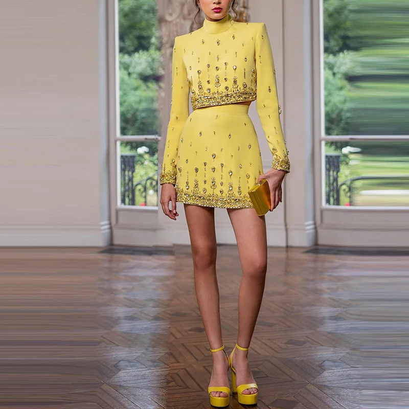 Robe de Bal Formelle 2 Pièces, Veste avec Mini Jupe, Perles, Col Haut, Tenue de Luxe Jaune, Ensemble Citrotrempée