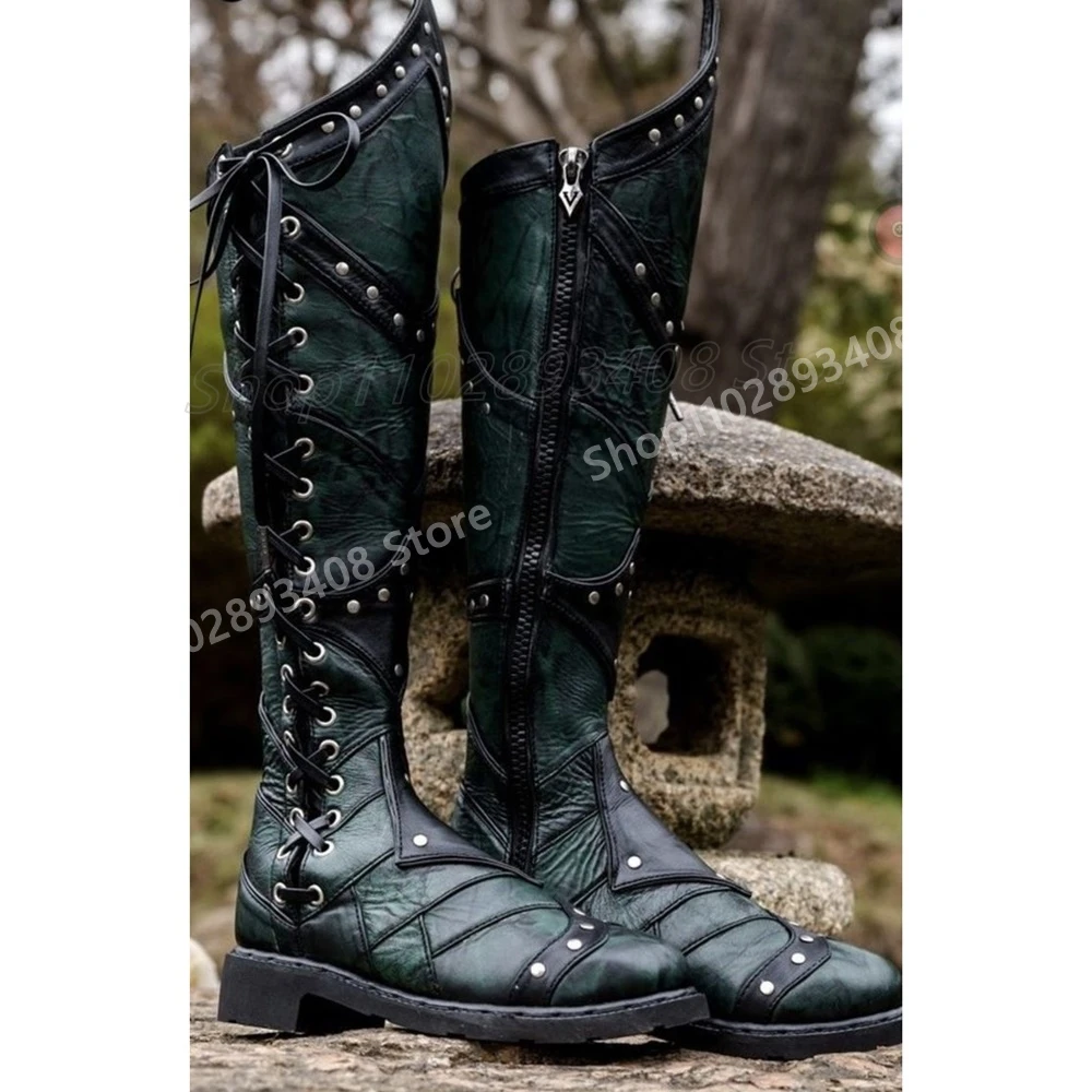 Groene Kant Strappy Klinknagels Decor Mannen Laarzen 2025, Lederen Ronde Neus Retro Stijl Schoenen voor Mannen Plat met Herfst Zapatillas Mujer