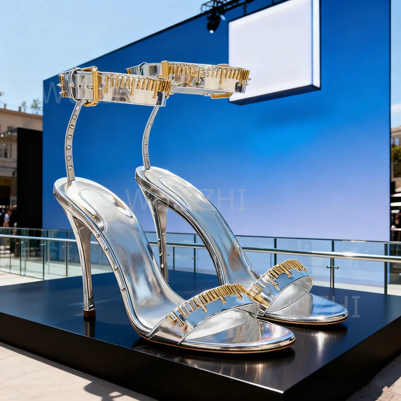 

Silver Leather Gold Bling Serrated Trim Heels Women Open Buckle Stiletto Black Leather Casual Round Toe Slingback Party Shoes