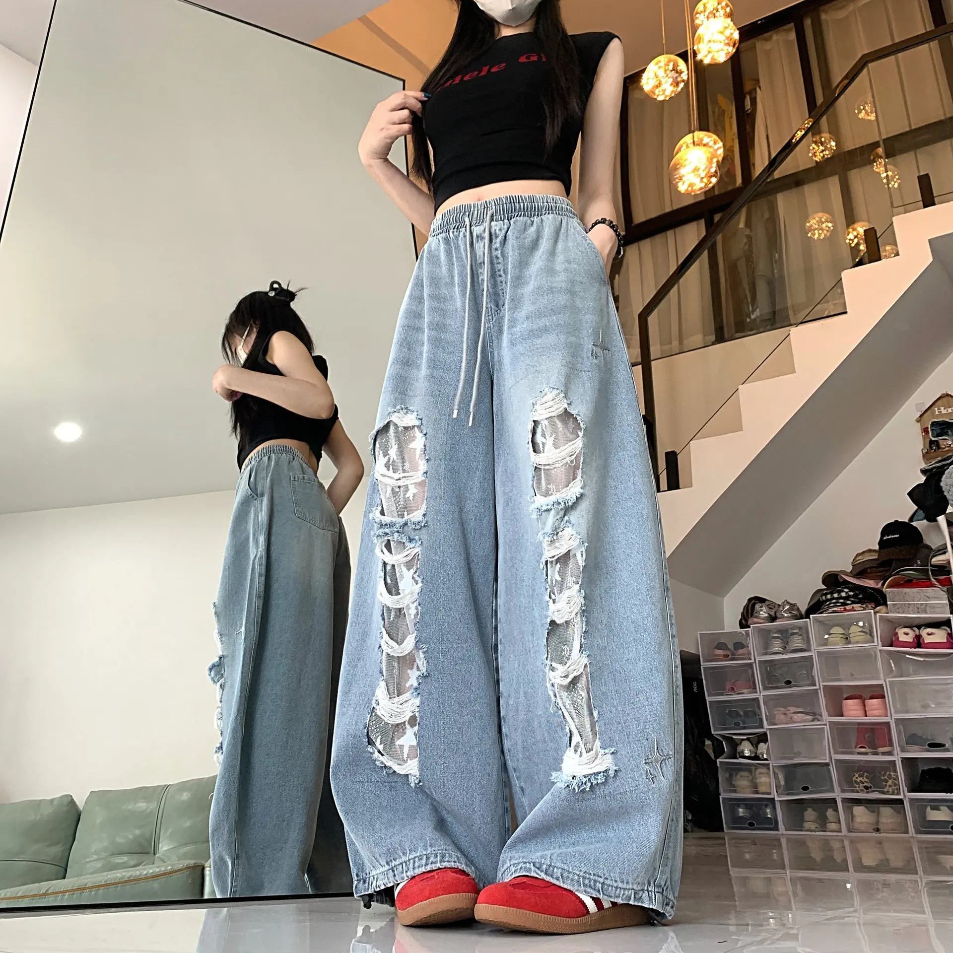 Hip-hop Brand Sticker Ripped Jeans Women's Dance Trousers Design Sense Jazz Babes Casual Pants