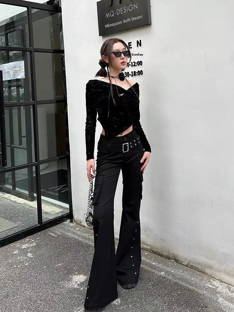 

American Vibe Hot Girl Workwear Rivet Design Flared Jeans Women's Slim Fit High Waist Denim Pants Straight Leg Trousers