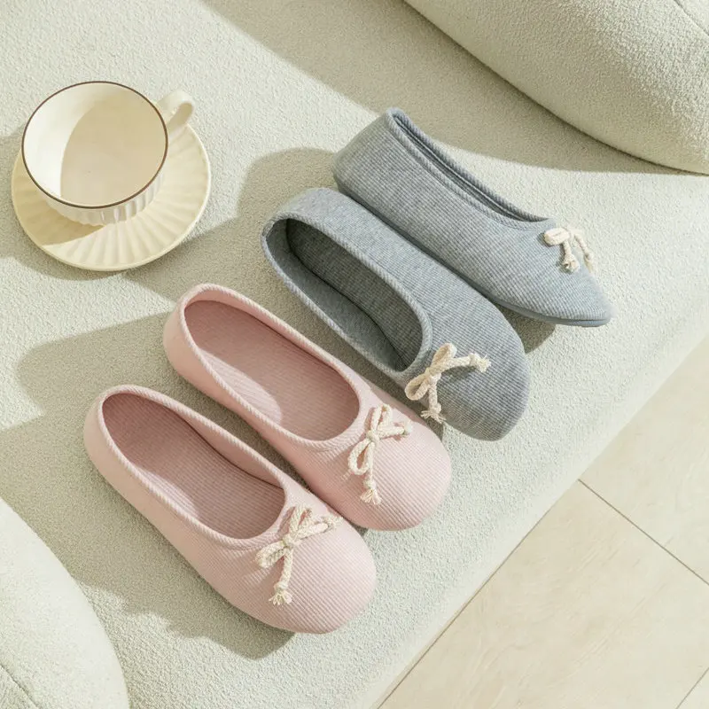 New Arrive Soft Cotton Pink Non-slip House Indoor Flats Slipper Bow Spring Summer Slippers For Women Cute Girl Shoes