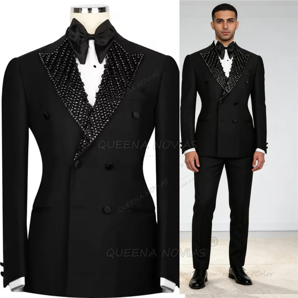 

Роскошные свадебные смокинги для жениха с бриллиантами и бисером, индивидуальный комплект из 2 предметов, двубортный пиджак, брюки, облегающий костюм для банкета и вечеринки, мужской костюм
