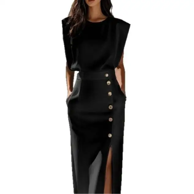 Summer Pure Color round Ne Svel Button Detail Split Long Dr Single Piece High Waist Wrap Sle Women's Faion Dr