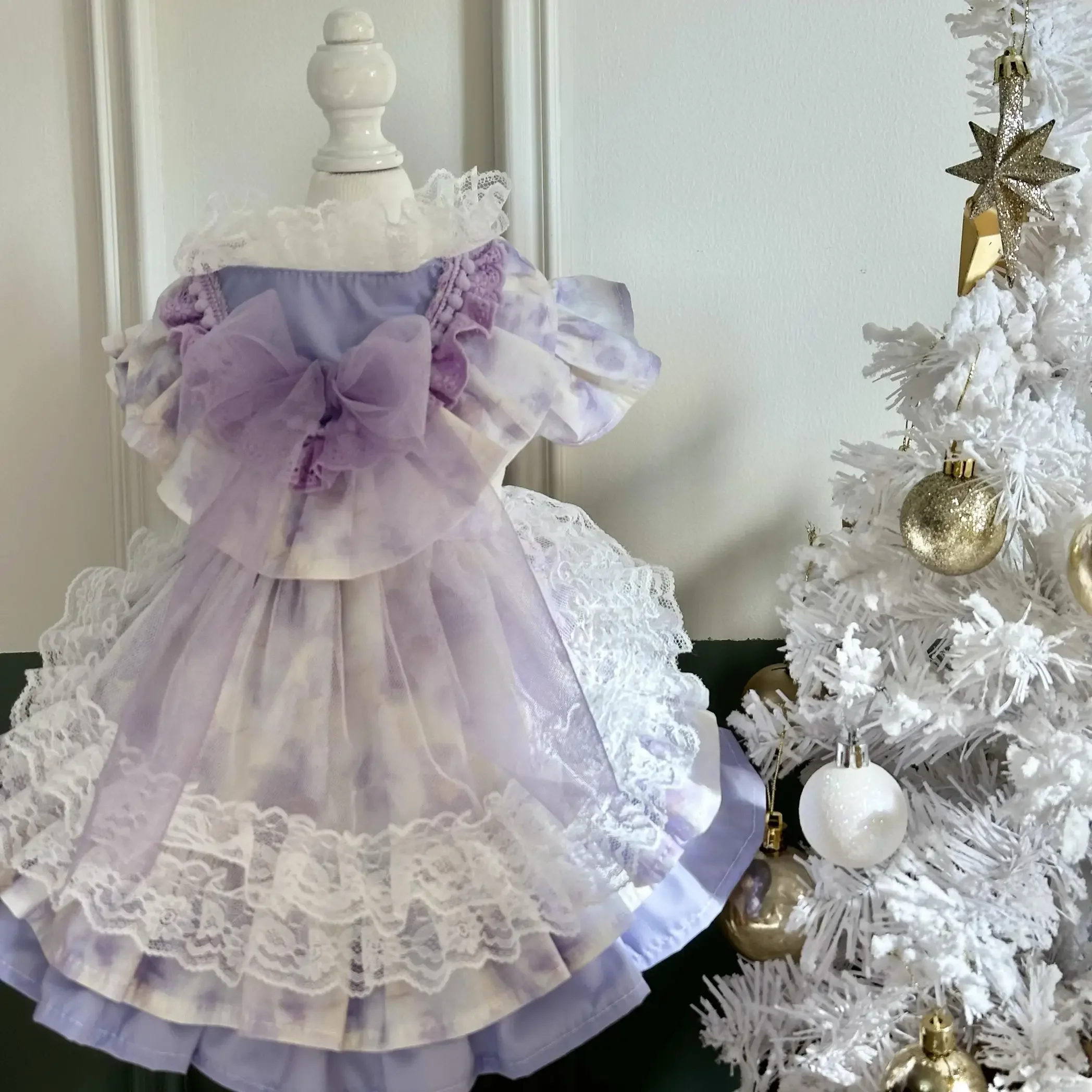 Korean Fashion Lace Purple Pet Dog Clothes Pure Cotton Handmade Big Bow Princess Dresses For Small Medium Dogs Poodle Chihuahua