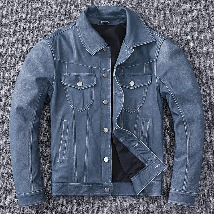 

shipping.classic YR!Free casual jacket.men jacket.vintage sheepskin coat.blue genuine leather clothing.