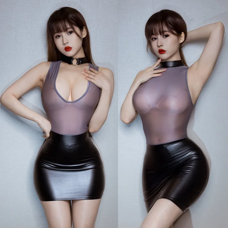 Vestido tubo de retales de malla transparente de PU para mujer, Sexy, de doble uso, cuello alto, ultracorto, envoltura de cadera, ropa ajustada para discoteca nocturna