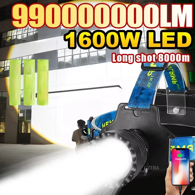 2026 1600W Super Bright LED Headlight Hight Power Head Torch USB Rechargeable Headlamp IPX6 Waterproof Head Lantern For Outdoor