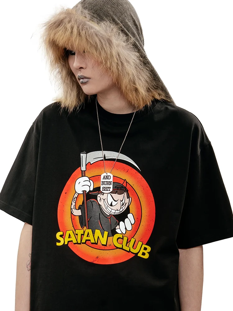 Men Tshirt Satan Club Printed Cotton Oversized Tees Tops Harajuku Vintage Korean Fashion Y2k Streetwear Graphic Unisex Clothing