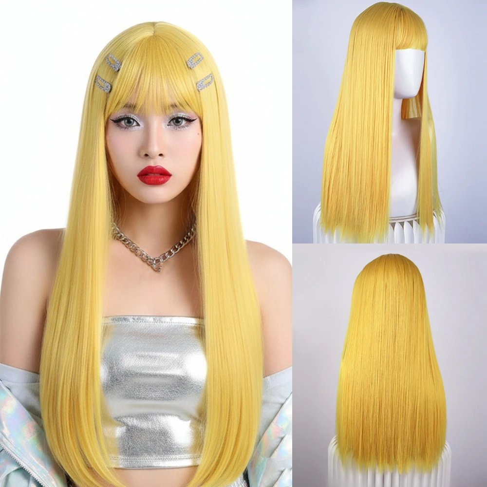 

MSIWIGS Women's Long Straight Yellow Wig Heat Resistant Lolita Style With Bang Synthetic for Party Daily Cosplay
