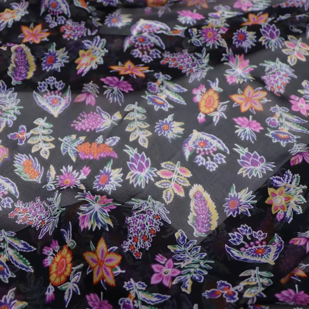 Purple Flowers Breathable Light Weight Wonderful Silk Georgette Fabric for Lady Wife Saree Women Dresses Clothes Apparel Scarf