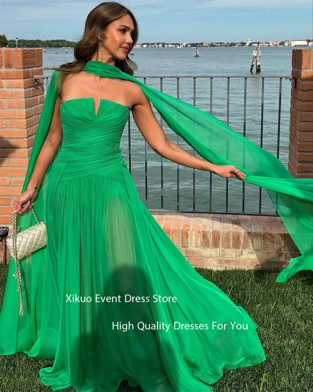 Xikuo Green Chiffon Evening Dresses See Through Cape A Line Pleated Abiti Da Cerimonia Unique Vestidos De Fiesta Customized