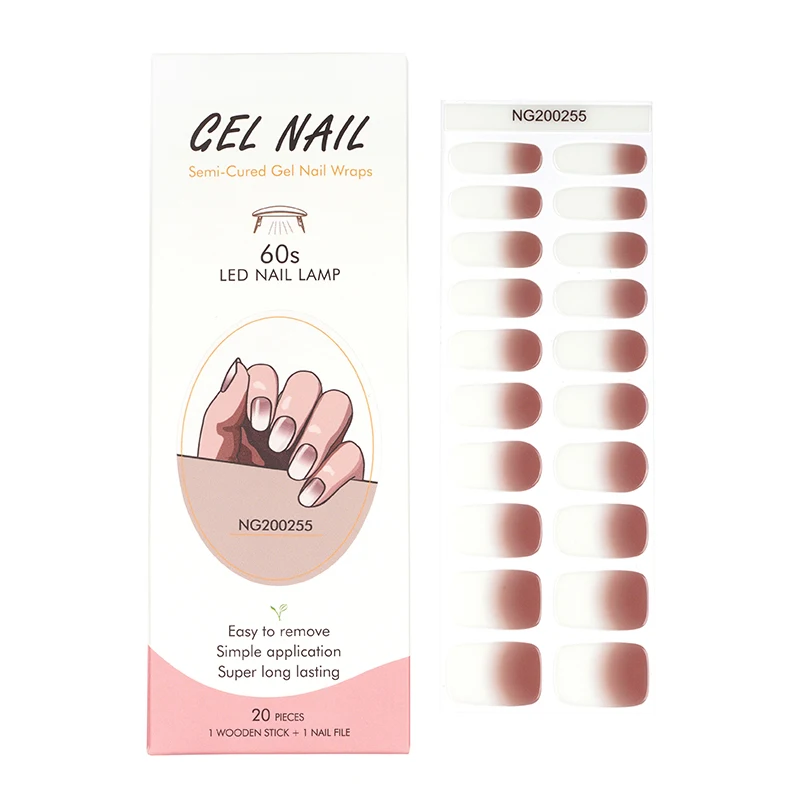 Francês Gel Unhas Patch Tiras, Impermeável, Longa Duração, Adesivos, Imprensa sobre Unhas, Necessidade de Lâmpada UV, Semi-Cuttable, 20 Dicas