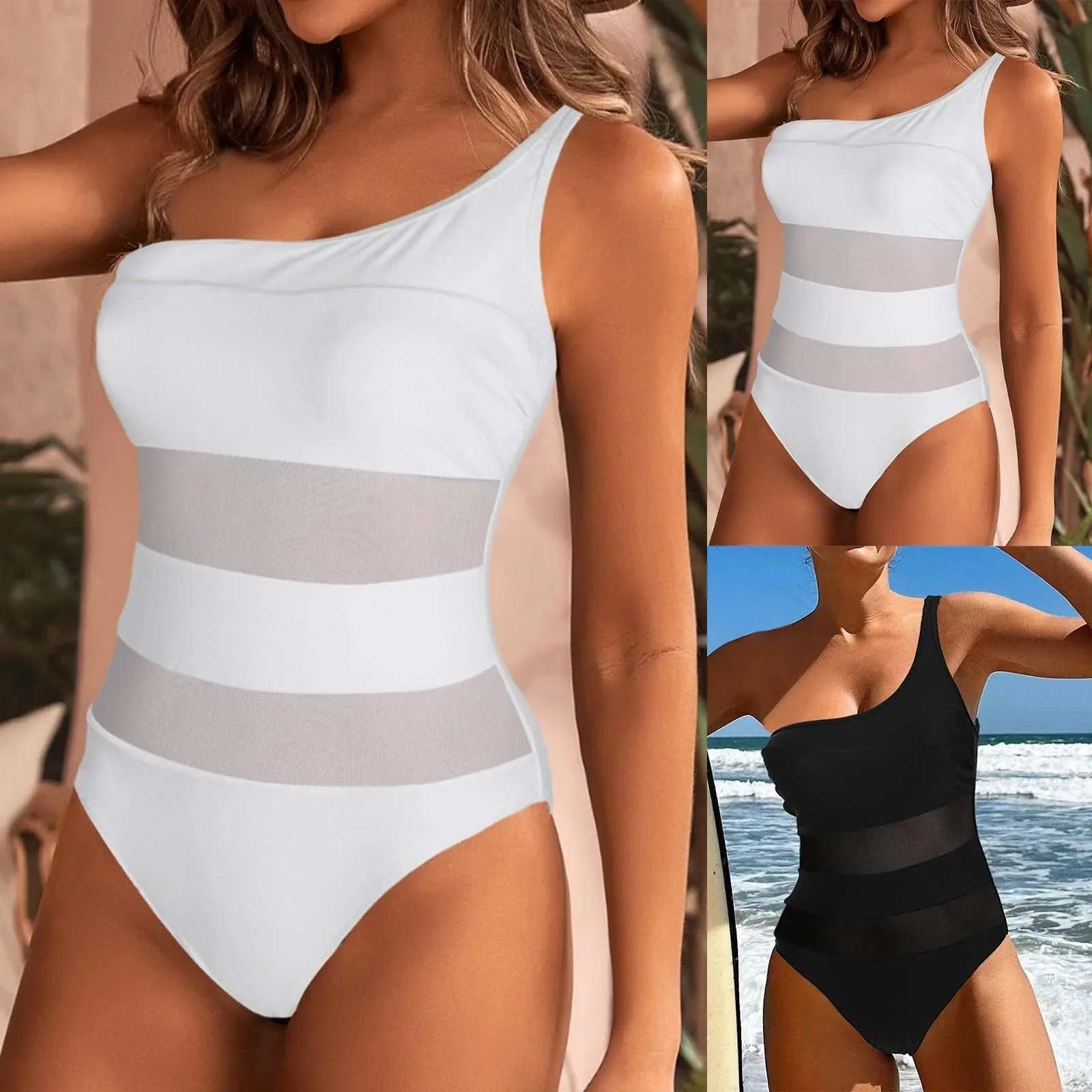Sexy Slanted Shoulder 1 Piece Swimsuit Ladies Sexy Tight Mesh Panelled Slimming Waist Beachwear Swimsuit trajes de baño mujer