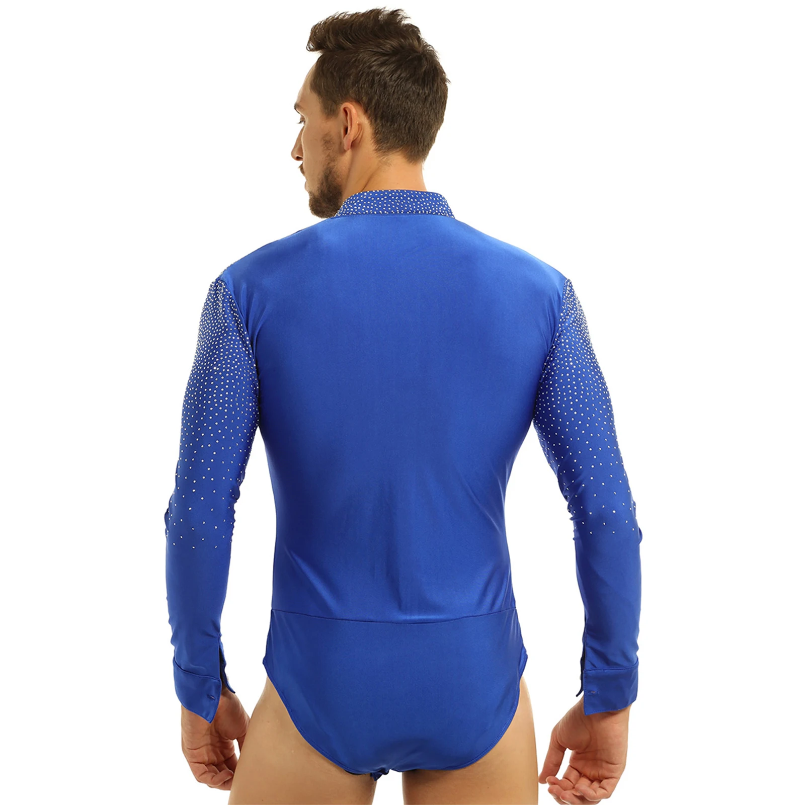 Men Gymnastics Leotard Bodysuit Latin Tango Rumba Dance Outfit Long Sleeve Rhinestones Ballroom Dancewear with Flared Pants Set