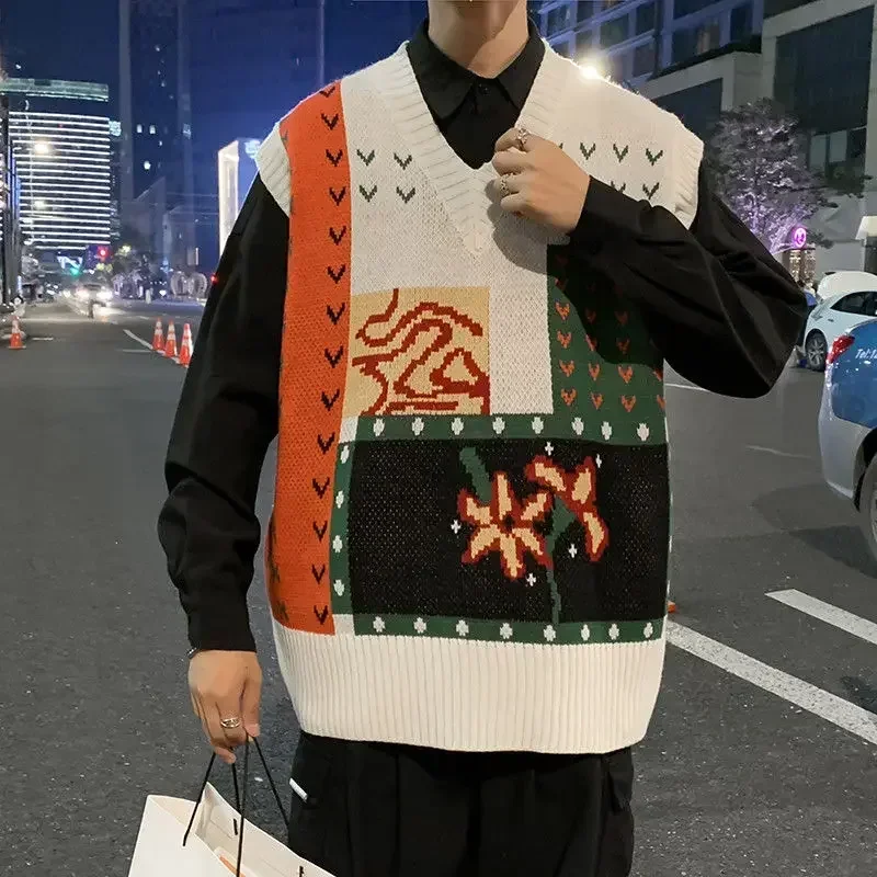 Knit Sweater Male Vest Patchwork Black Cute Sleeveless Men\'s Clothing Waistcoat Graphic Korean Style Winter 2025 New in Fashion