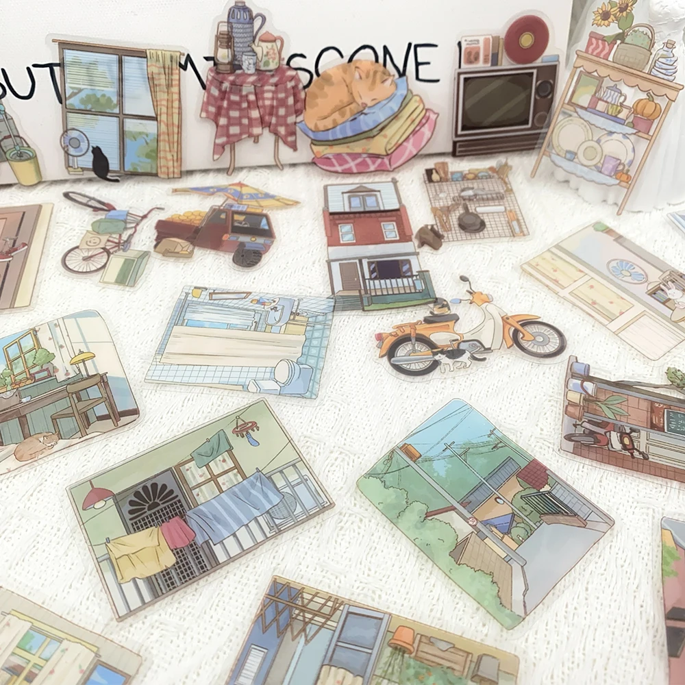 50 Stück Alley Houses transparente PET-Aufkleber für Laptop, Notebook, Koffer, Skateboard, DIY, ästhetische wasserdichte Aufkleber – Detail 10